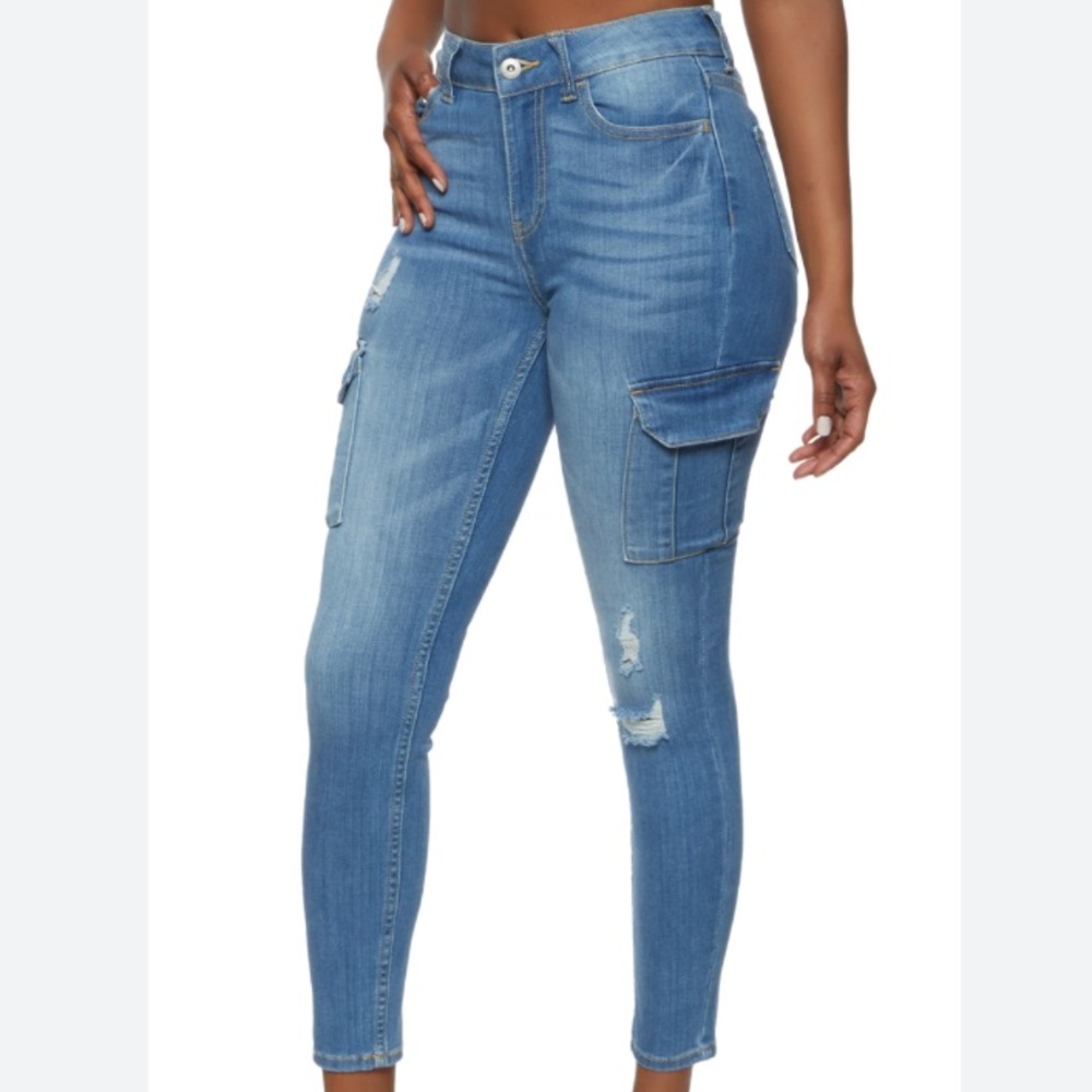 Skinny Jeans with Cargo Pockets Stretchy Cropped Jeans